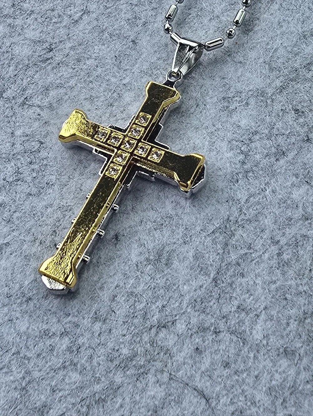 Men’s Gold Stainless Steel Cross Pendant Necklace Christian CZ Crystal Crucifix